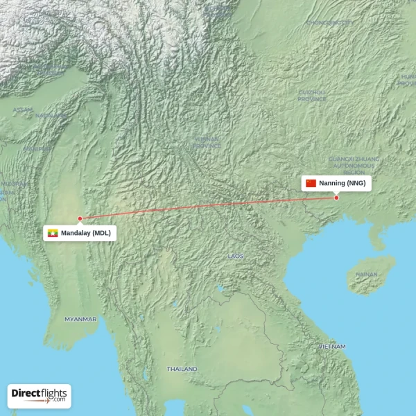Nanning - Mandalay direct flight map