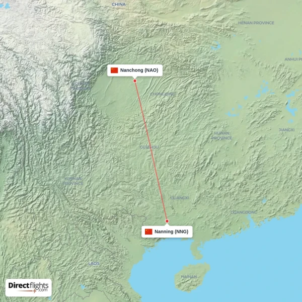 Nanning - Nanchong direct flight map