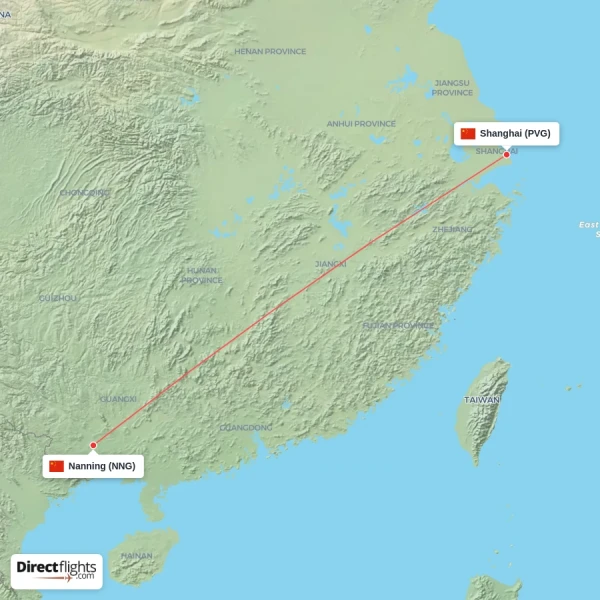 Nanning - Shanghai direct flight map
