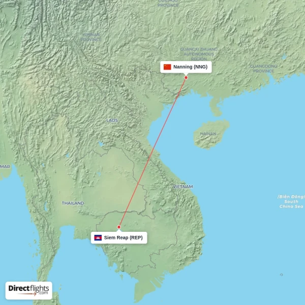 Nanning - Siem Reap direct flight map