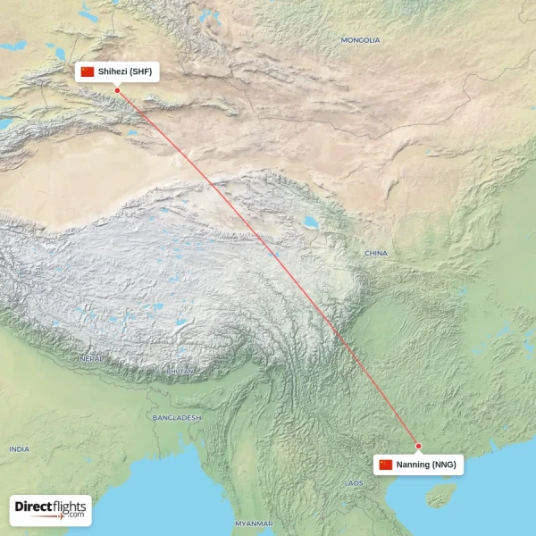 Nanning - Shihezi direct flight map