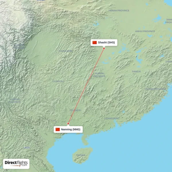Nanning - Shashi direct flight map