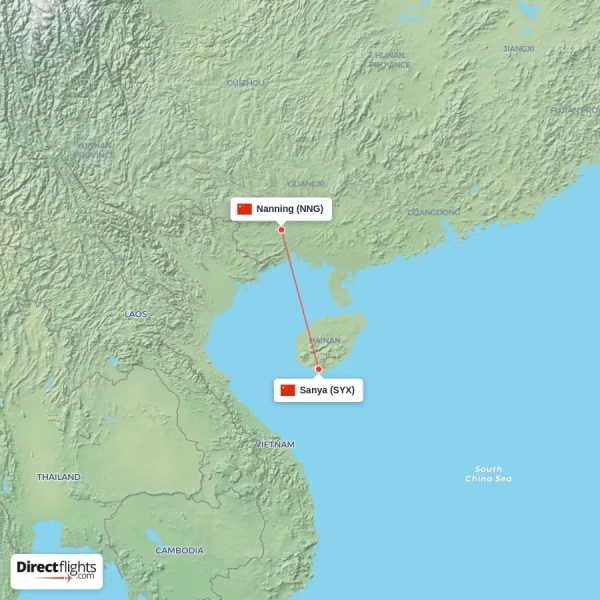 Nanning - Sanya direct flight map