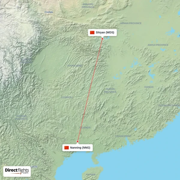 Nanning - Shiyan direct flight map