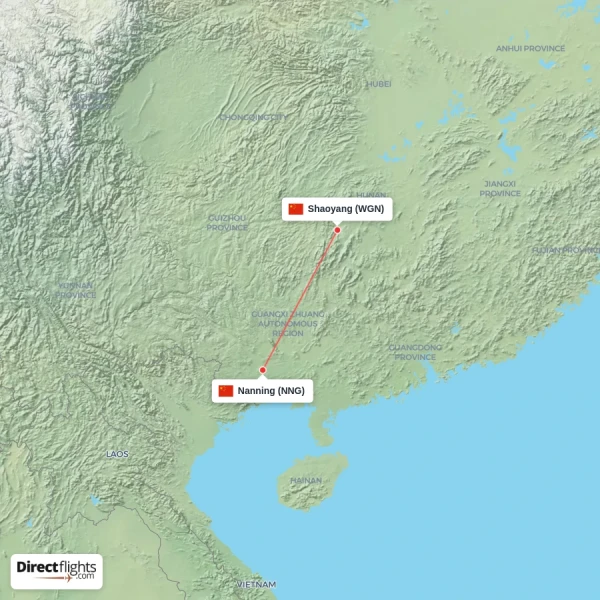 Nanning - Shaoyang direct flight map