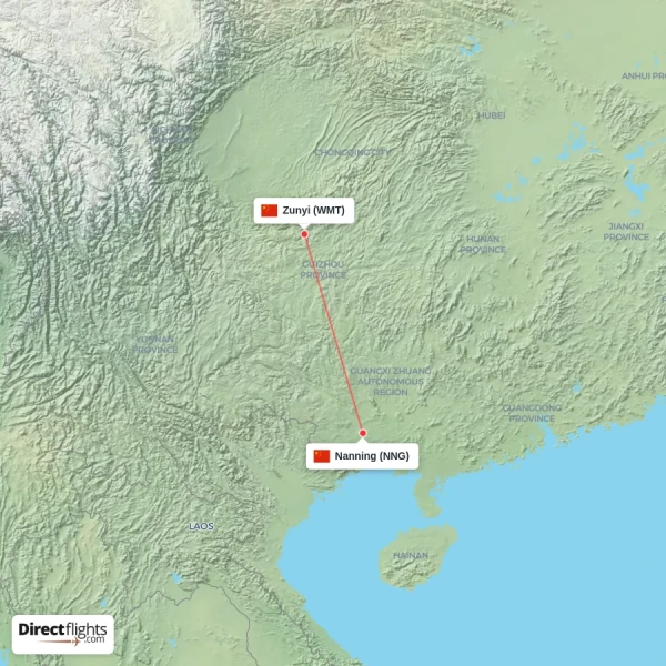 Nanning - Zunyi direct flight map