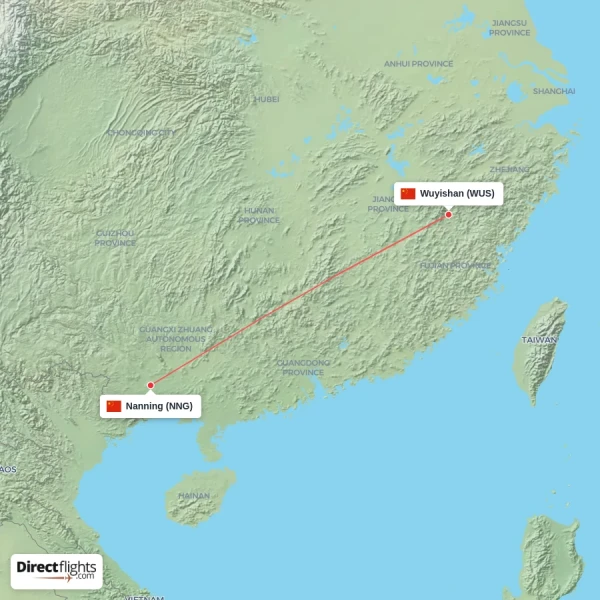 Nanning - Wuyishan direct flight map