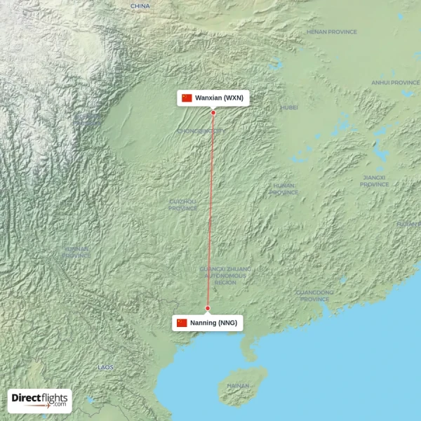 Nanning - Wanxian direct flight map