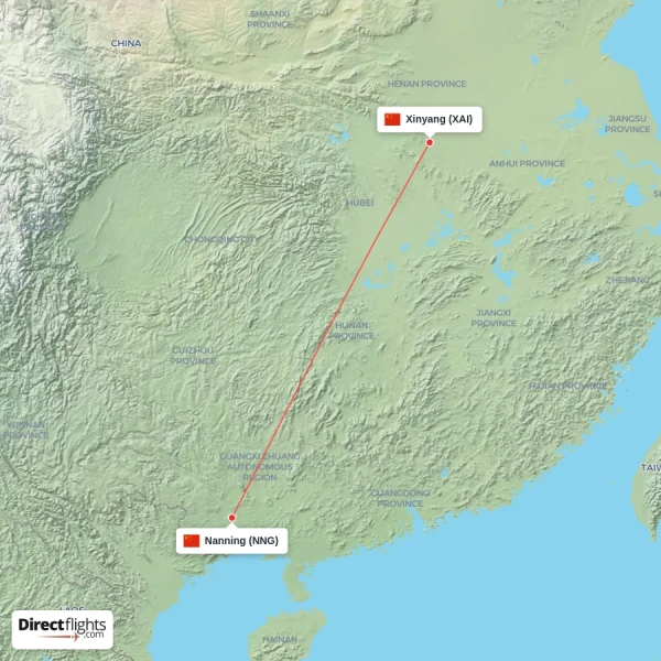 Nanning - Xinyang direct flight map