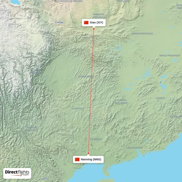 Nanning - Xian direct flight map