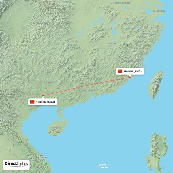Nanning - Xiamen direct flight map