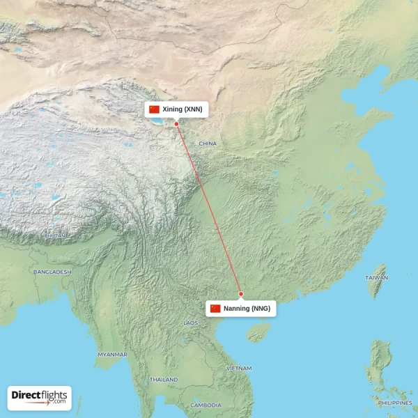 Nanning - Xining direct flight map