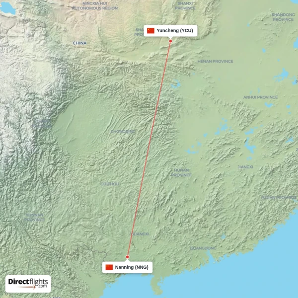 Nanning - Yuncheng direct flight map