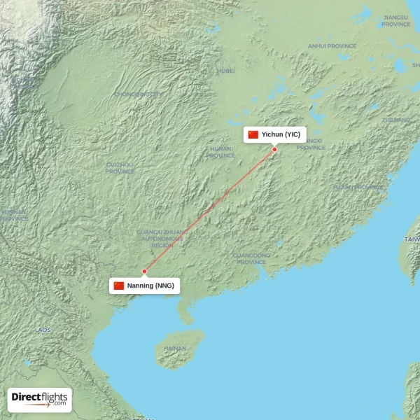 Nanning - Yichun direct flight map