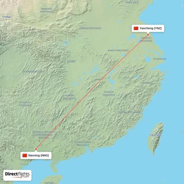 Nanning - Yancheng direct flight map