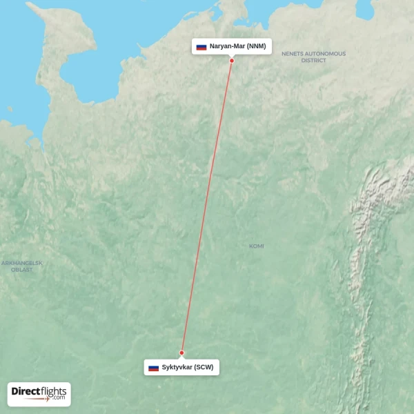Naryan-Mar - Syktyvkar direct flight map