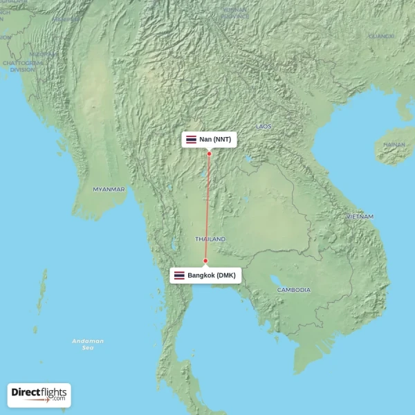 Nan - Bangkok direct flight map