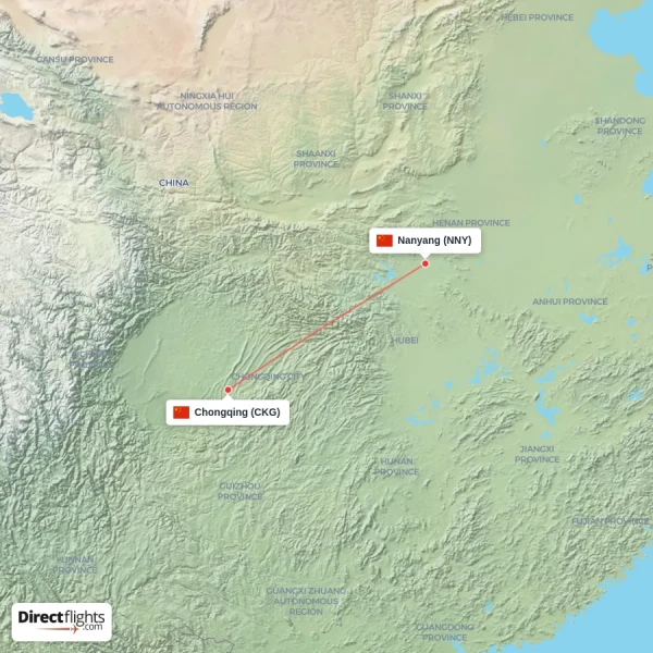 Nanyang - Chongqing direct flight map