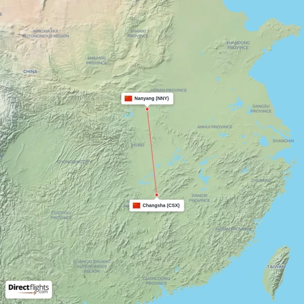 Nanyang - Changsha direct flight map
