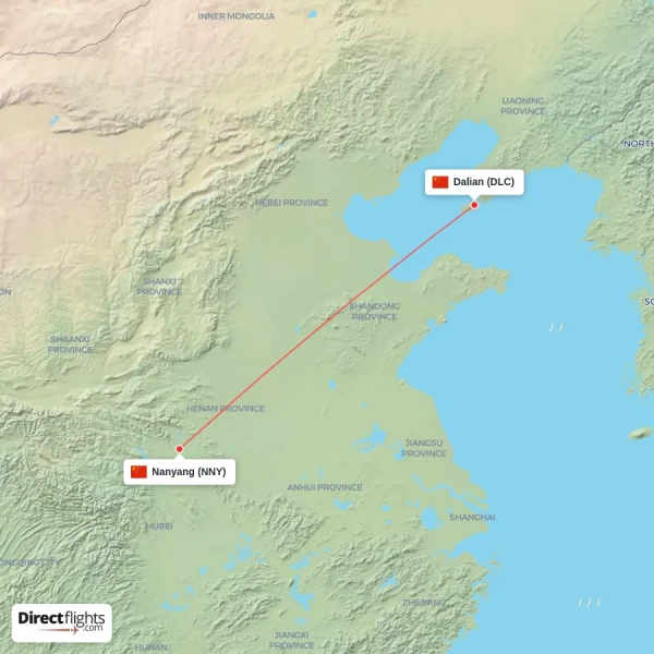 Nanyang - Dalian direct flight map