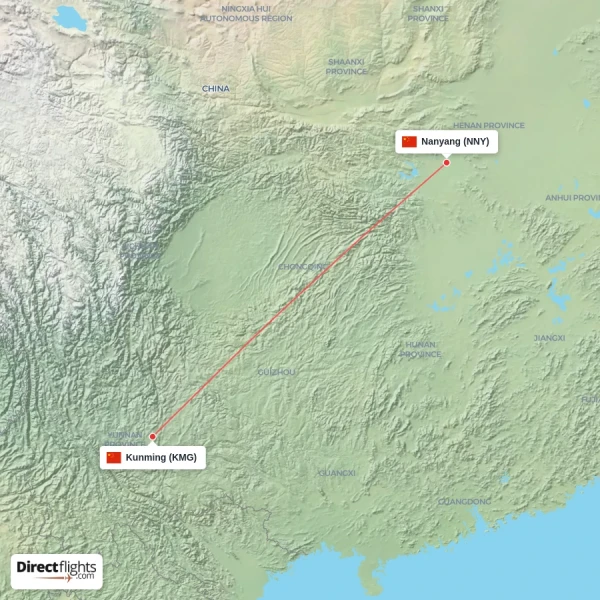 Nanyang - Kunming direct flight map