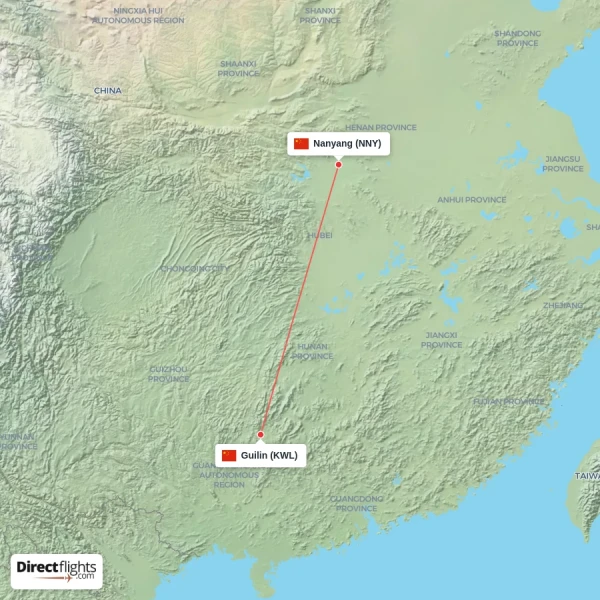 Nanyang - Guilin direct flight map