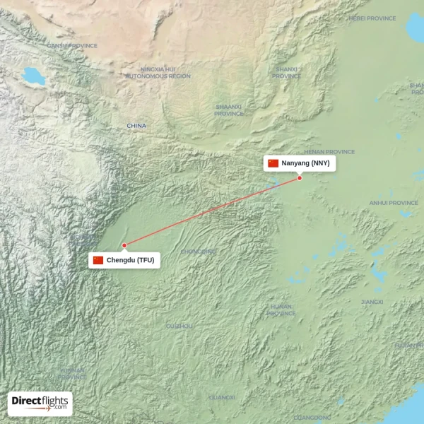 Nanyang - Chengdu direct flight map