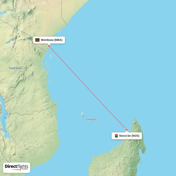 Nossi-be - Mombasa direct flight map