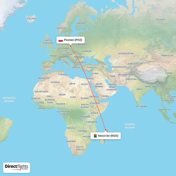 Nossi-be - Poznan direct flight map