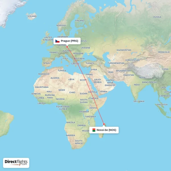 Nossi-be - Prague direct flight map