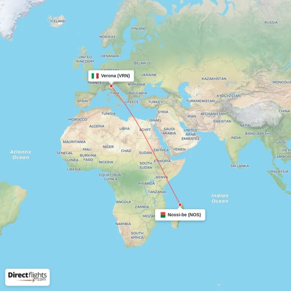 Nossi-be - Verona direct flight map