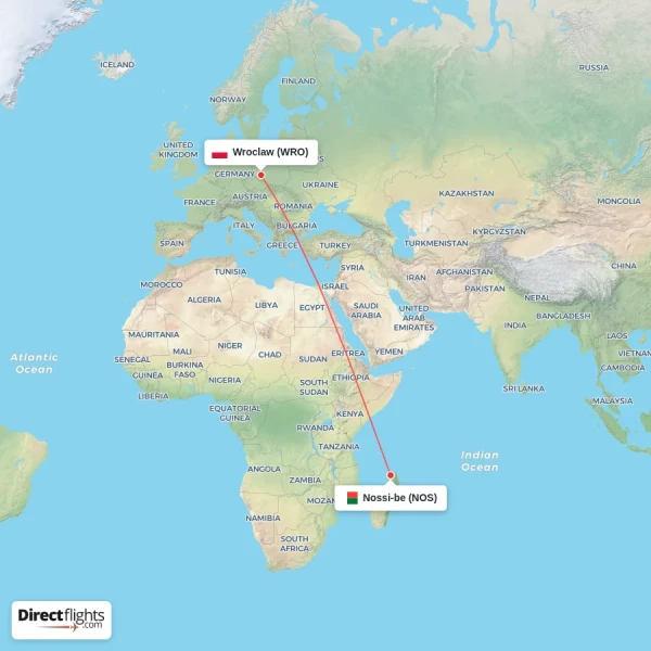 Nossi-be - Wroclaw direct flight map
