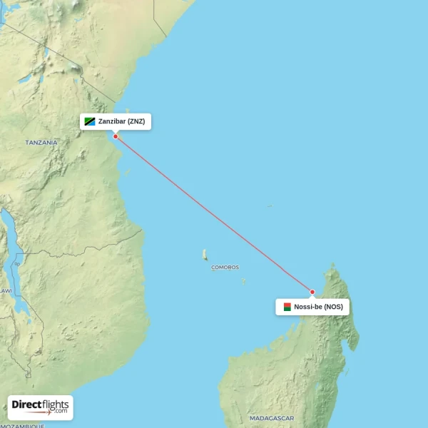 Nossi-be - Zanzibar direct flight map