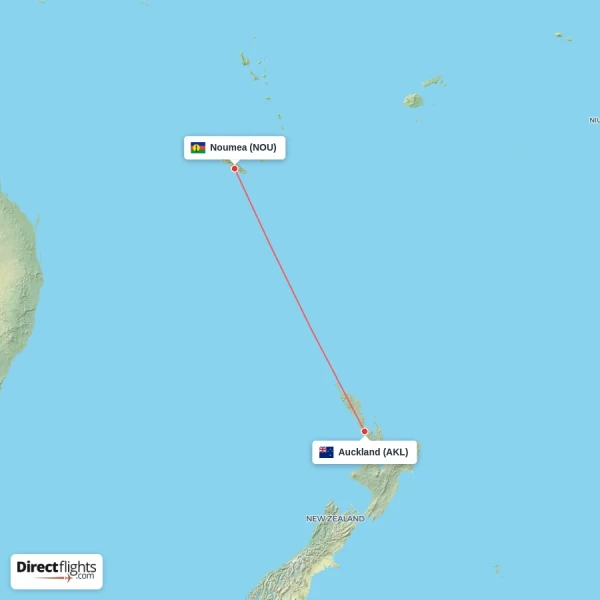 Noumea - Auckland direct flight map