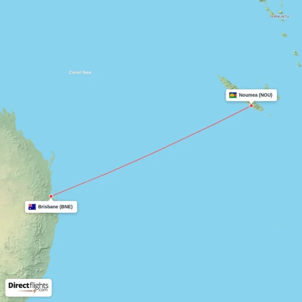 Noumea - Brisbane direct flight map