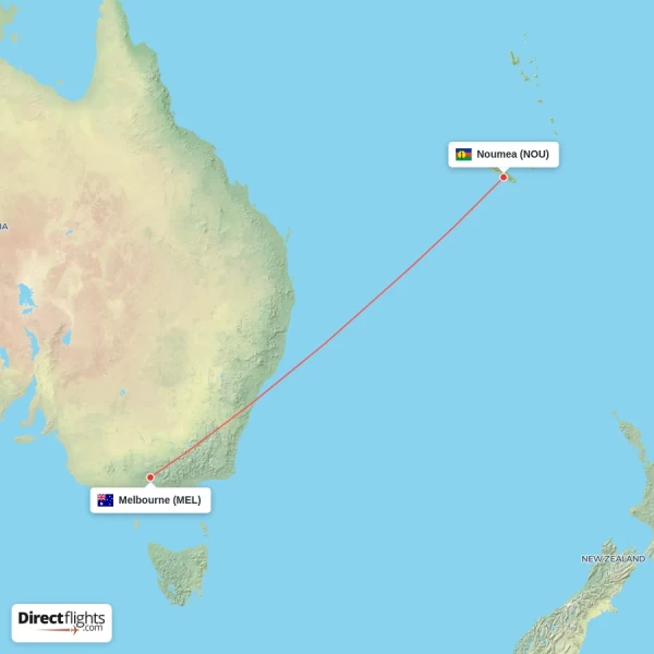 Noumea - Melbourne direct flight map