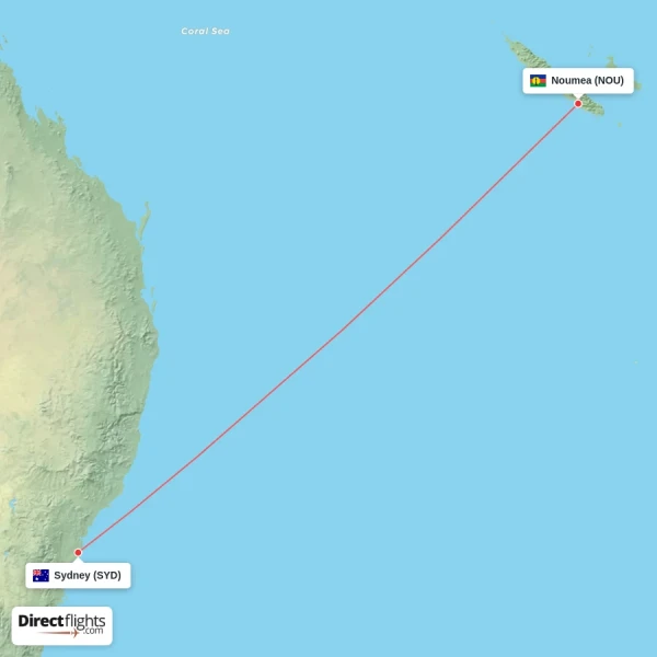 Noumea - Sydney direct flight map