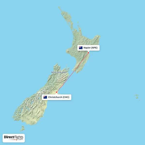 Napier - Christchurch direct flight map