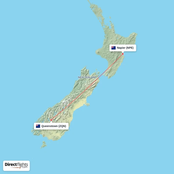 Napier - Queenstown direct flight map
