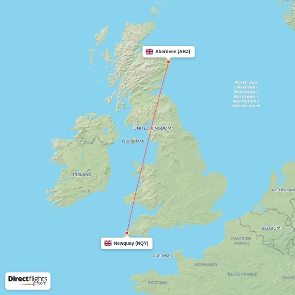 Newquay - Aberdeen direct flight map