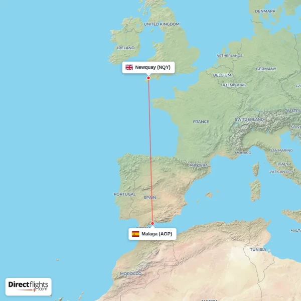 Newquay - Malaga direct flight map