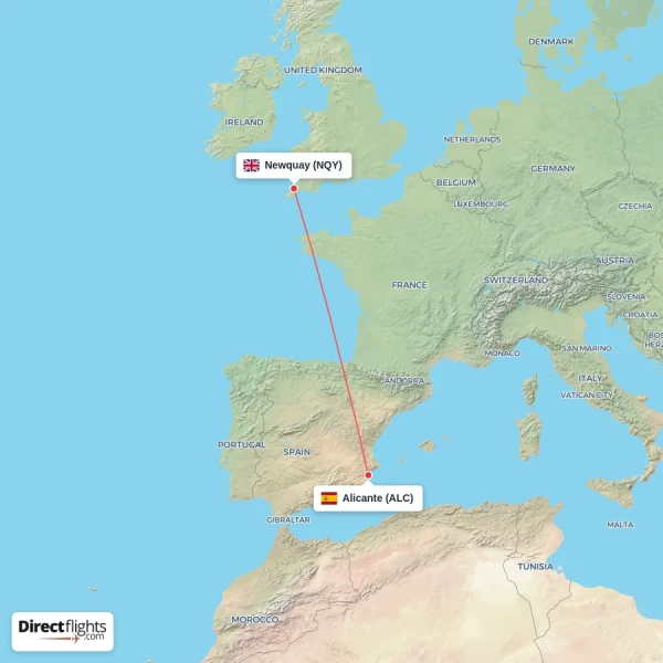 Newquay - Alicante direct flight map