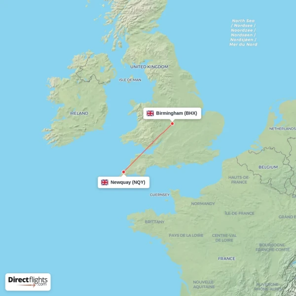 Newquay - Birmingham direct flight map