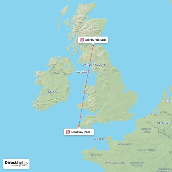 Newquay - Edinburgh direct flight map