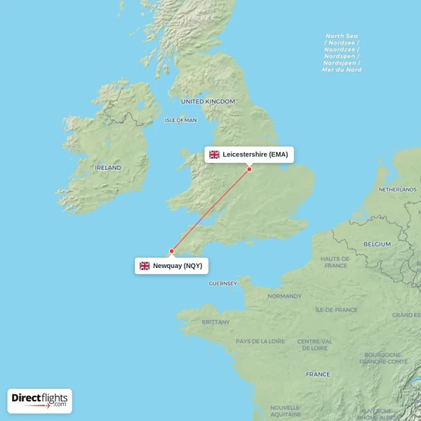 Newquay - Leicestershire direct flight map