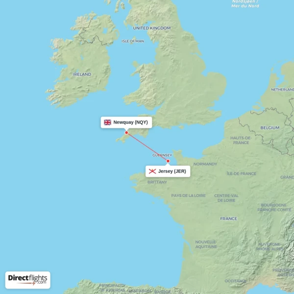 Newquay - Jersey direct flight map