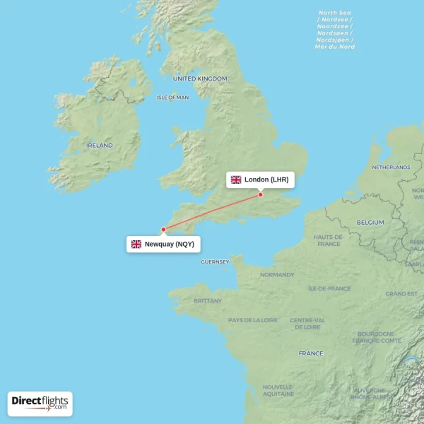 Newquay - London direct flight map