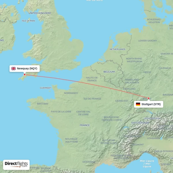 Newquay - Stuttgart direct flight map