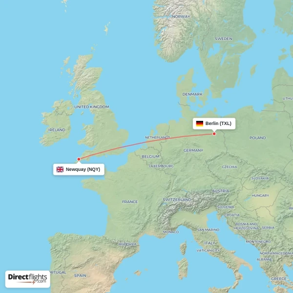 Newquay - Berlin direct flight map