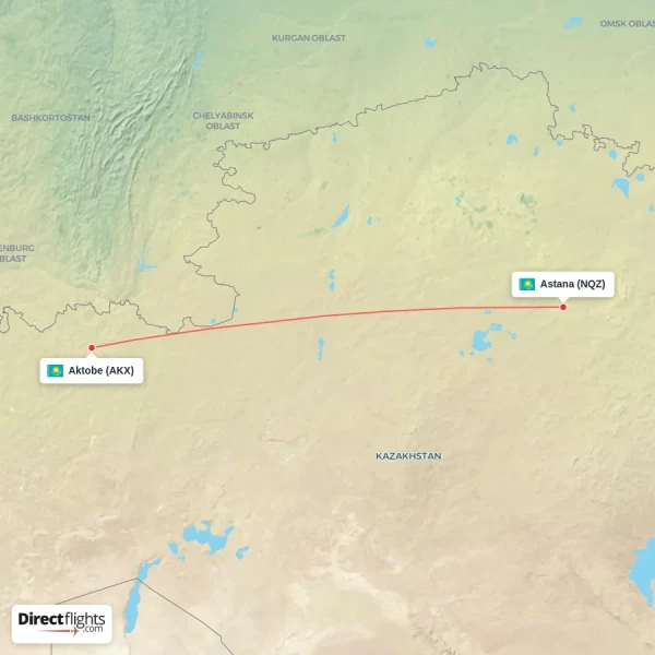 Astana - Aktobe direct flight map